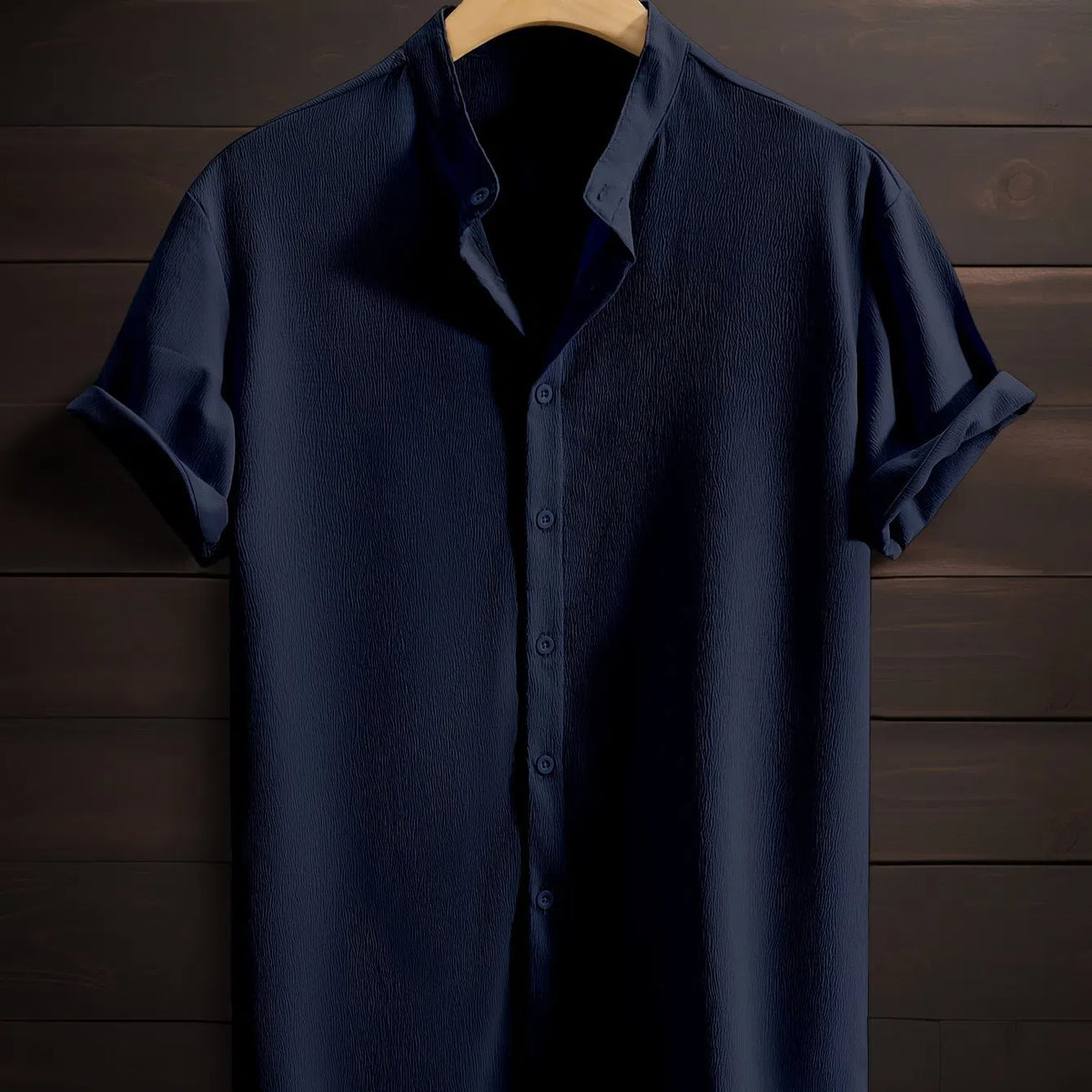 Men's casual breathable polyester fibre stand collar short sleeve shirt in solid colour, loose fit non-iron, front view