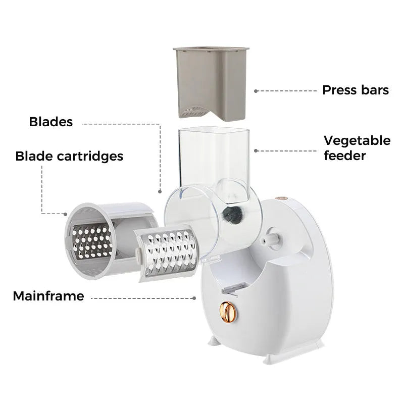 White electric vegetable slicer with suction base and multiple blades for grating and chopping.