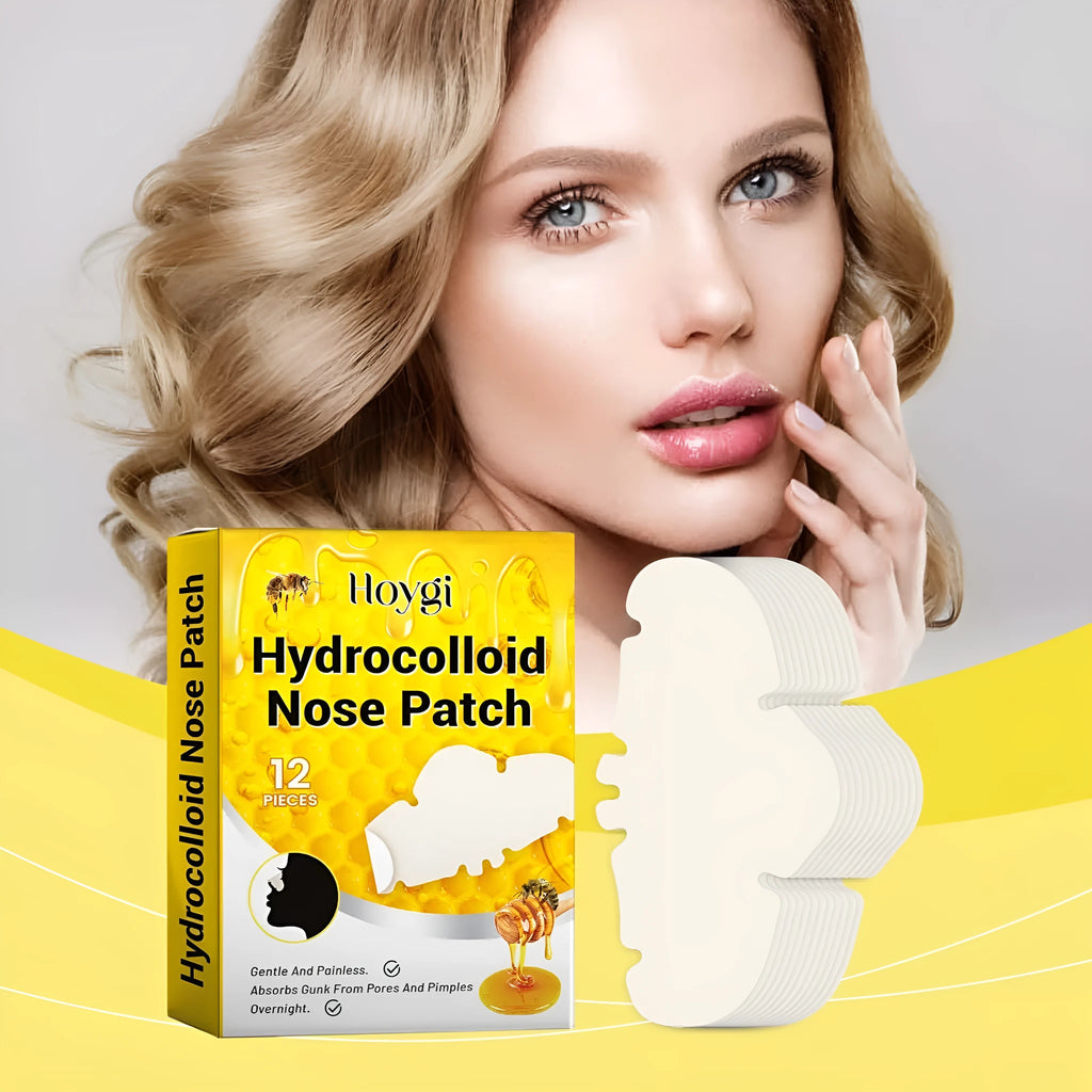 Box containing 12 hydrocolloid nose patches for pore cleansing and blackhead treatment.