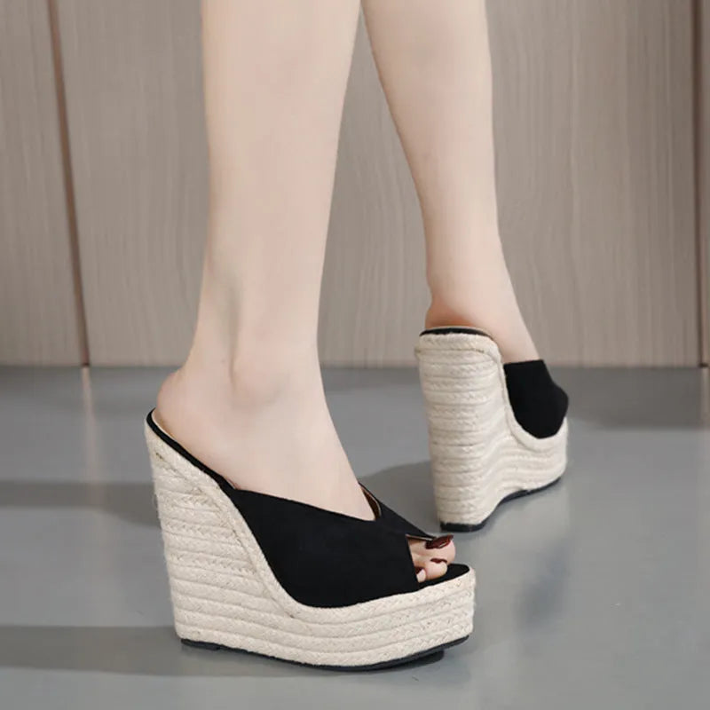 Black suede women's high heel sandals with open toe and rubber sole, sizes 35-42