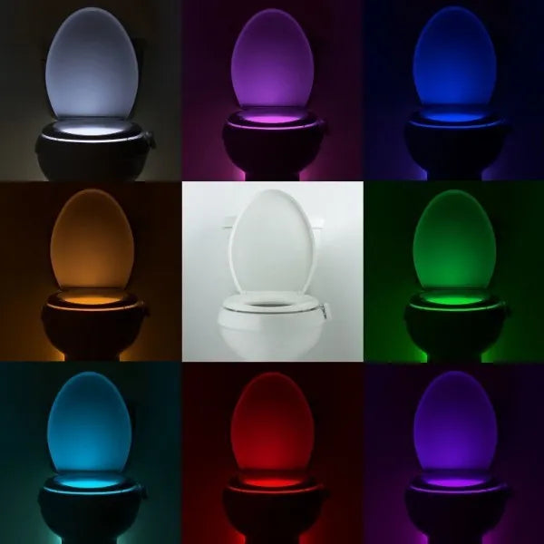 8-colour LED toilet light with motion sensor and flexible stick for night-time bathroom use