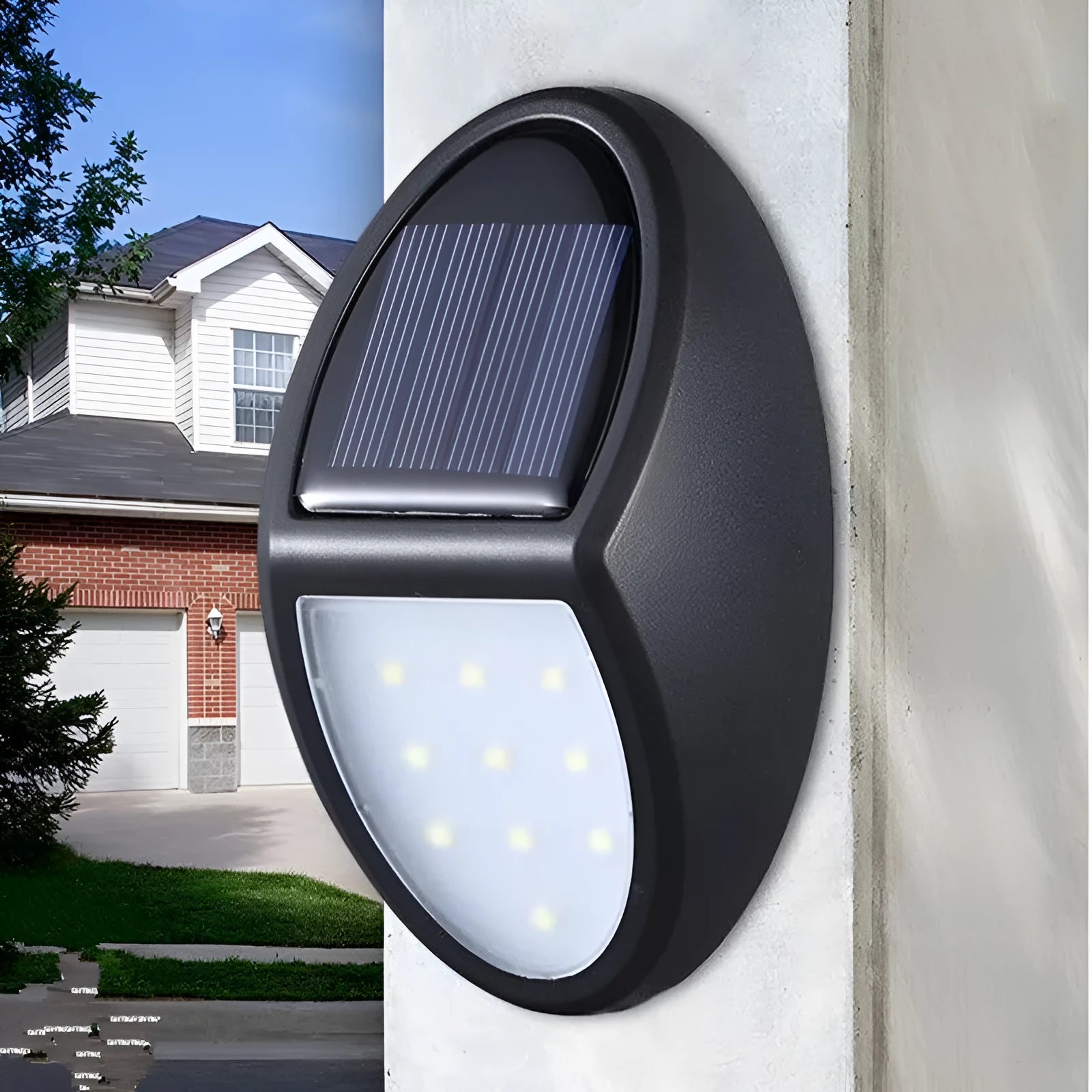 Black rectangular solar-powered LED wall light for outdoor automatic lighting.