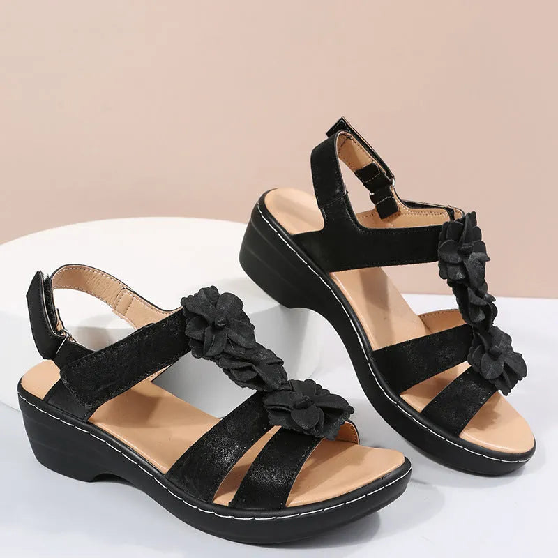 Women's fish mouth velcro wedge sandals in white PU upper with adjustable strap