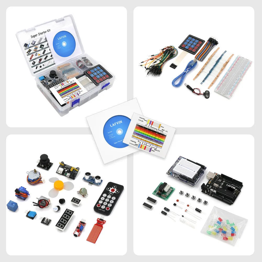 Arduino Uno R3 Super Starter Kit with blue development board, breadboard, electronic components, and CD.