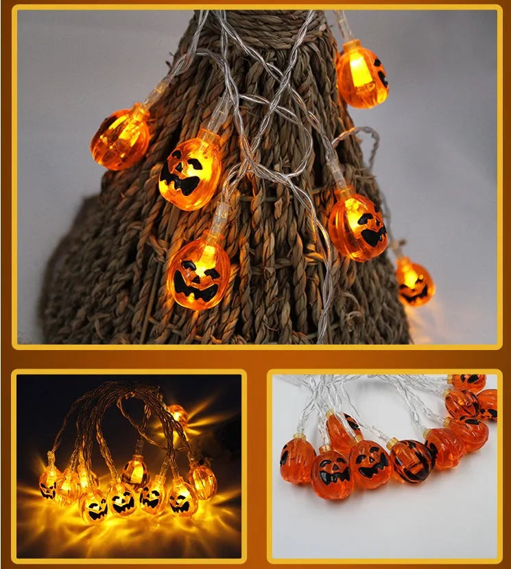 Halloween LED string lights with plastic pumpkin, ghost and bat decorations hanging on a 1.2 metre cable.