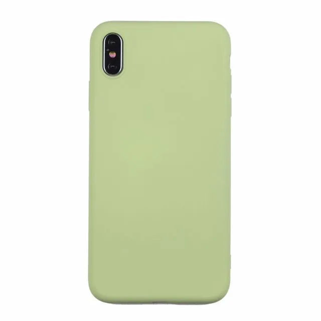 Silicone back cover case for Apple iPhone in solid colours including black, blue, pink, and red.