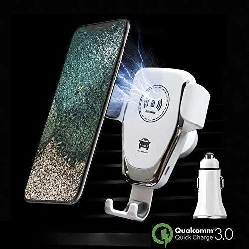 Black car wireless charger mounted on ventilation vent with iPhone Xs charging automatically