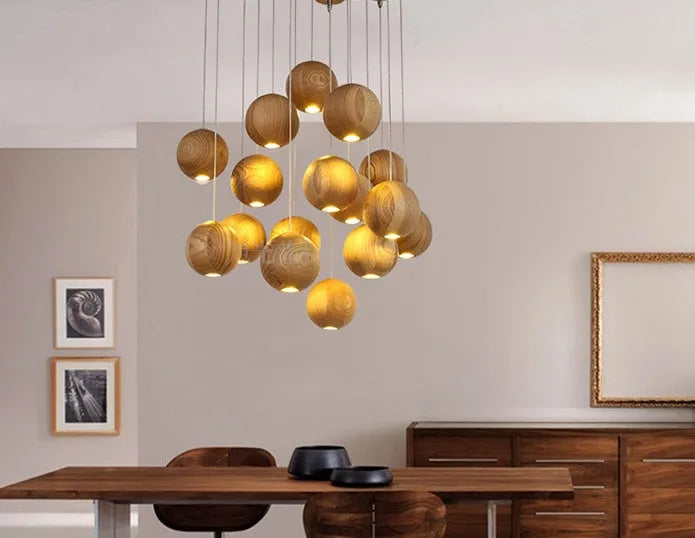 Nordic style solid wood ball chandelier pendant light with adjustable height cord