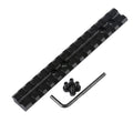 Black aluminium shotgun scope mount with 140mm rail showing 13 adjustment slots and included allen key