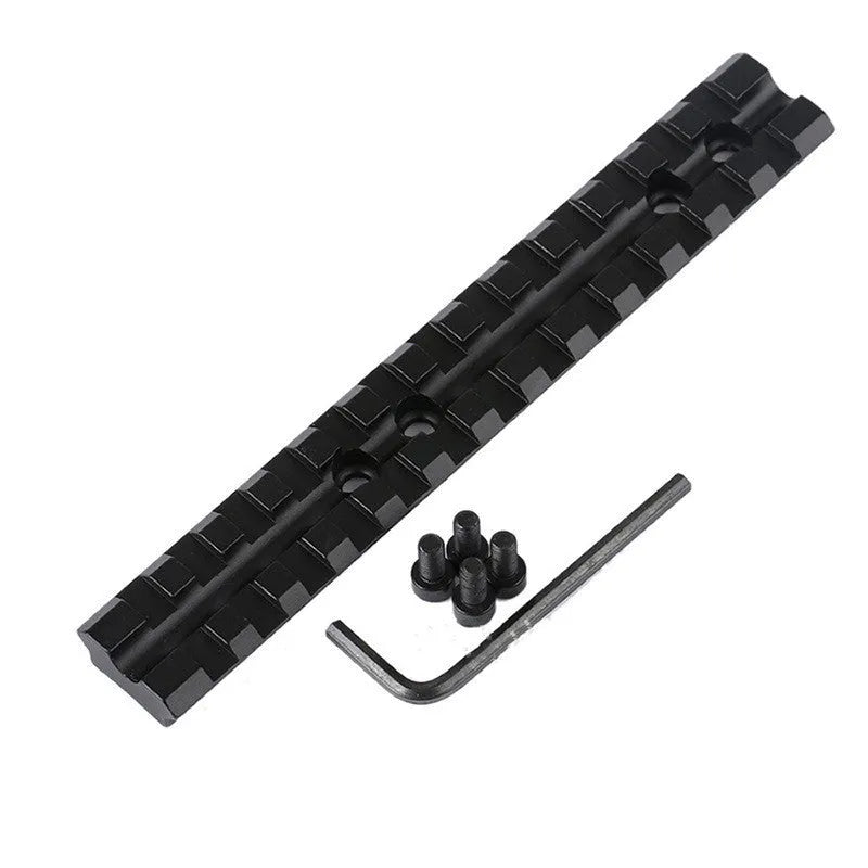 Black aluminium shotgun scope mount with 140mm rail showing 13 adjustment slots and included allen key
