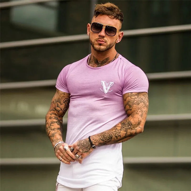 Men's 95% cotton muscle fitness top short sleeve crew neck t-shirt in black blue for gym training
