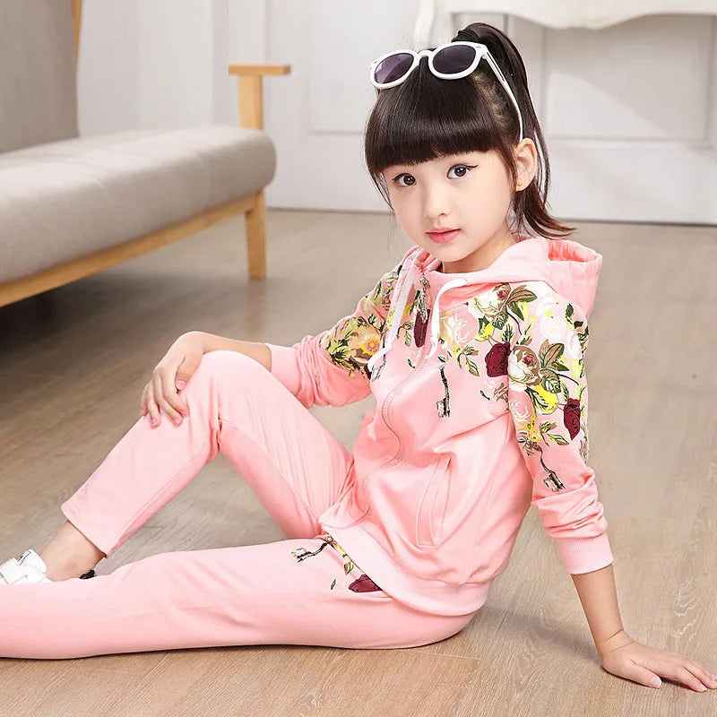 Children's hooded tracksuit set in cotton blend fleece with long sleeves for ages 8+