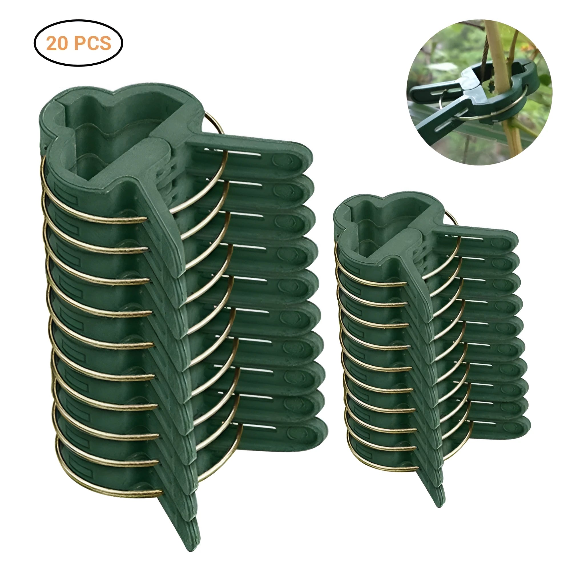 Green plastic and zinc plant fixing clips for tomatoes and climbing vines, showing large and small sizes