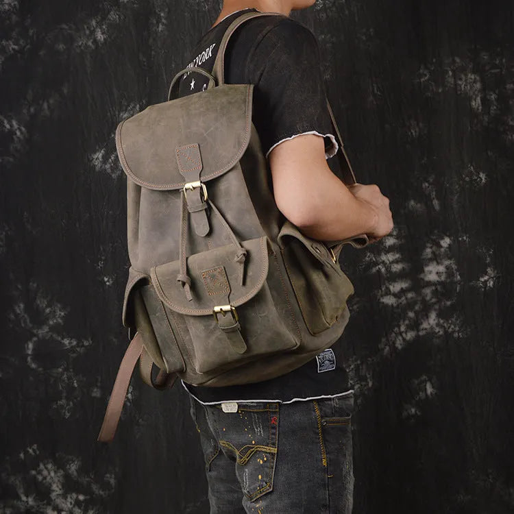 Men's retro leather drawstring backpack, 20L first layer cowhide, 30cm x 15cm x 40cm, Black Dark Brown Retro Brown