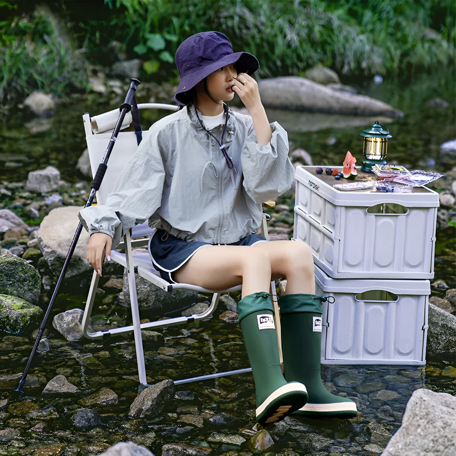 Unisex PVC platform rain boots in beige, featuring a high tube design and non-slip sole.
