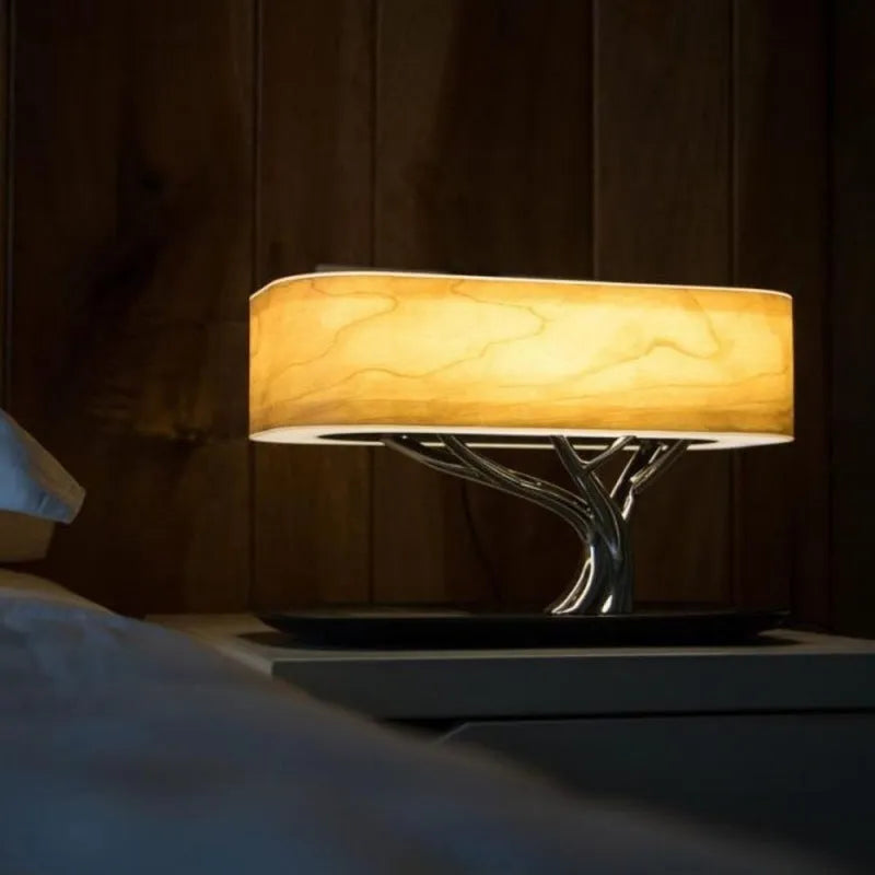 Creative Tree Light Table Lamp with Bluetooth speaker, wireless charger, natural cherry veneer lampshade, tree-shaped support