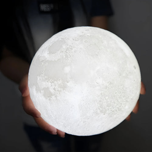 3D printed moon lamp showing detailed lunar surface with wood holder and touch control ring