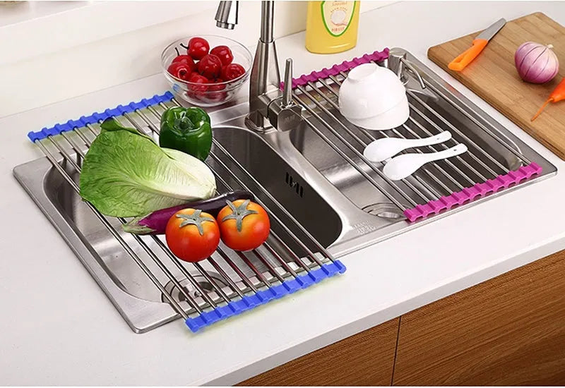 Folding stainless steel kitchen sink drain rack with dish drying tubes in red colour