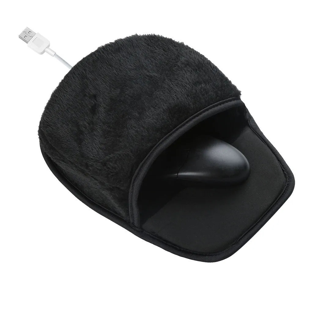 USB heated mouse pad with built-in warmer in black and pink on a desk
