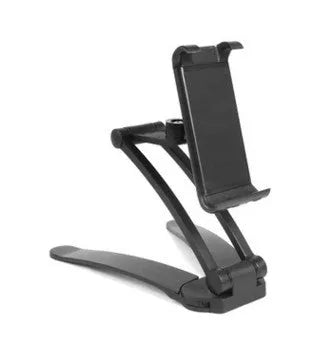 Silver aluminium alloy desktop stand holding a tablet at an angle, with adjustable clips and a white mounting base.