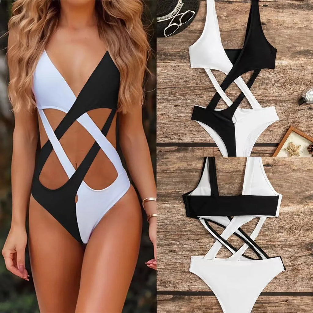 White women's one-piece swimsuit with colour-blocking and hollow-out design details.