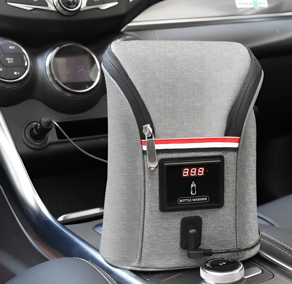 Grey Oxford cloth portable car USB baby bottle warmer with electronic display and car charger.