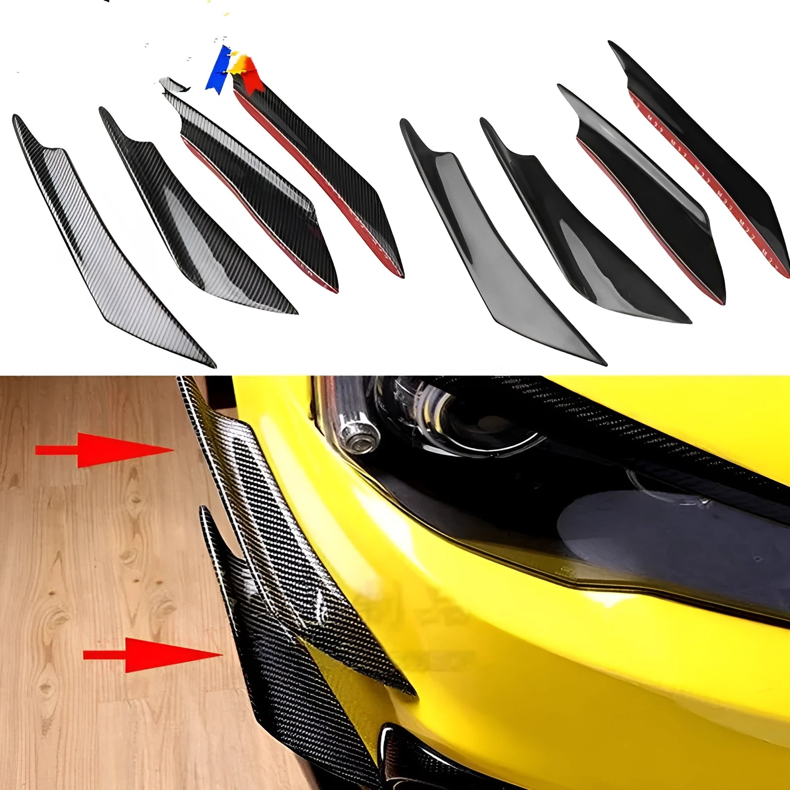 Set of four carbon fibre look bumper air knife blades for automotive modification in various colour options
