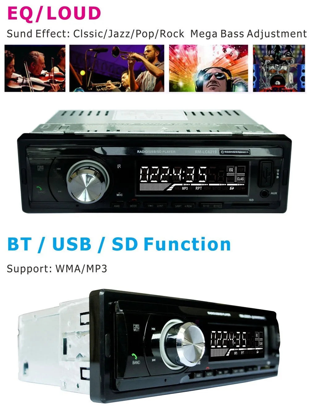 EZONETRONICS car stereo receiver with Bluetooth, USB and SD slots, front auxiliary input, and LCD display