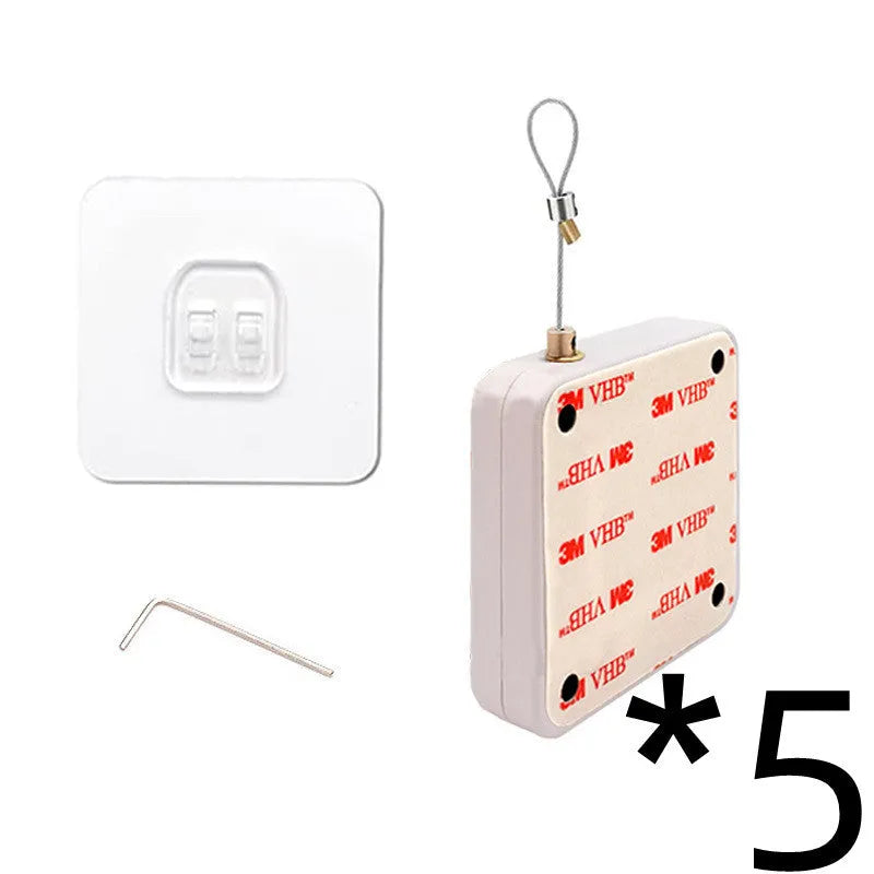 Automatic door closer with adhesive backing and transparent hook for punch-free installation on a door.