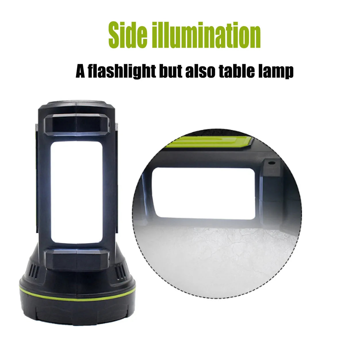 Green rechargeable LED flashlight with USB charging port and waterproof ABS plastic construction