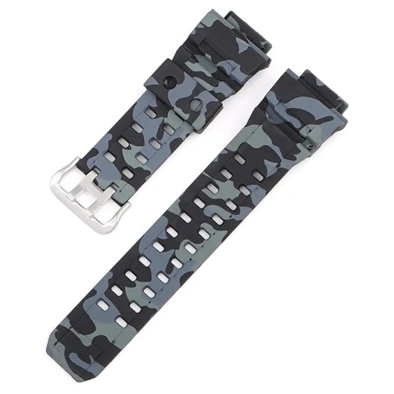 Camouflage TPU watchband with silver buckle, showing strap length and colour options