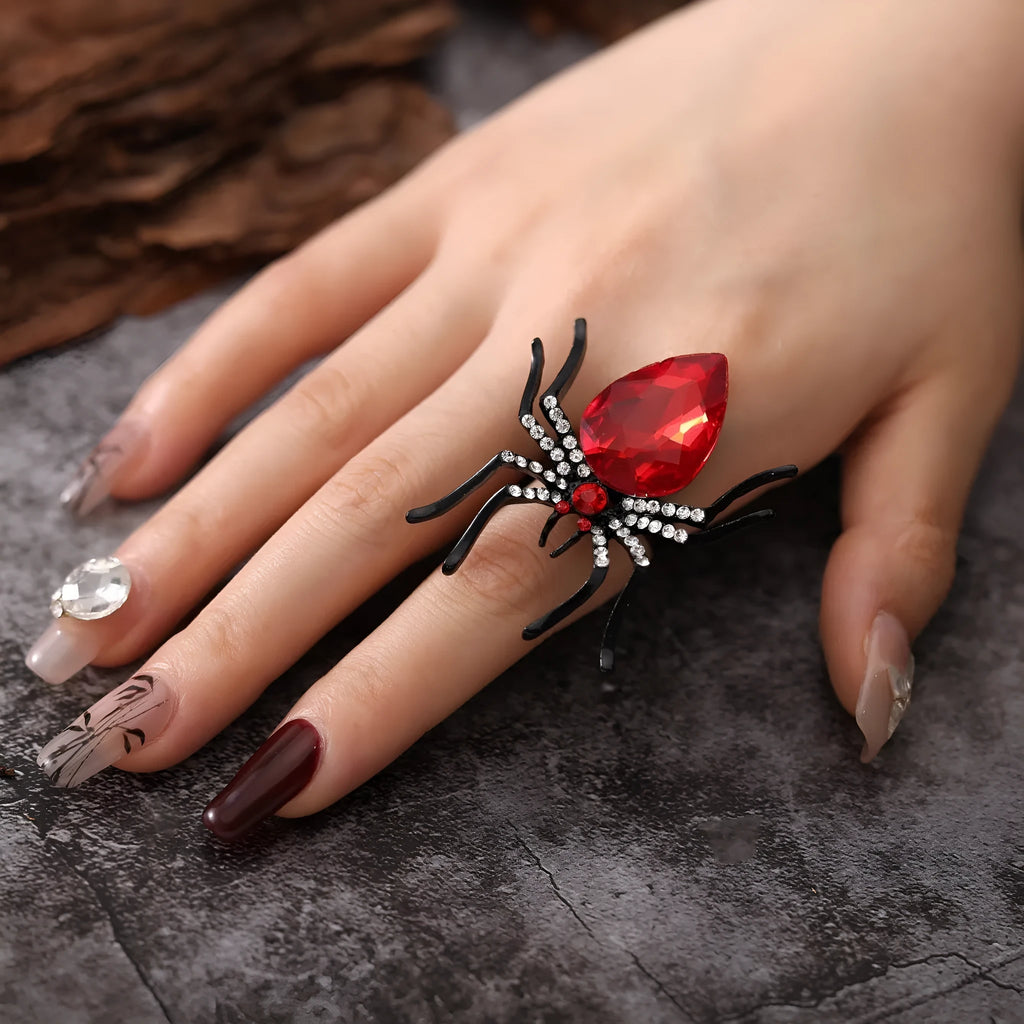 Halloween spider ring with rhinestone inset, alloy open ring for women, four colour options