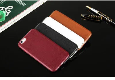Leather and TPU iPhone case shown in black, brown, navy blue, and wine red colours for multiple Apple models.