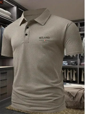 Men's loose fit short-sleeved lapel polo shirt in a solid colour on a hanger