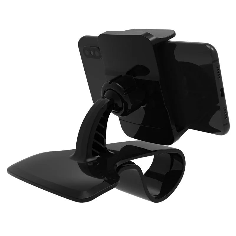Black dashboard car phone holder mounted on a car dashboard edge, holding a smartphone.