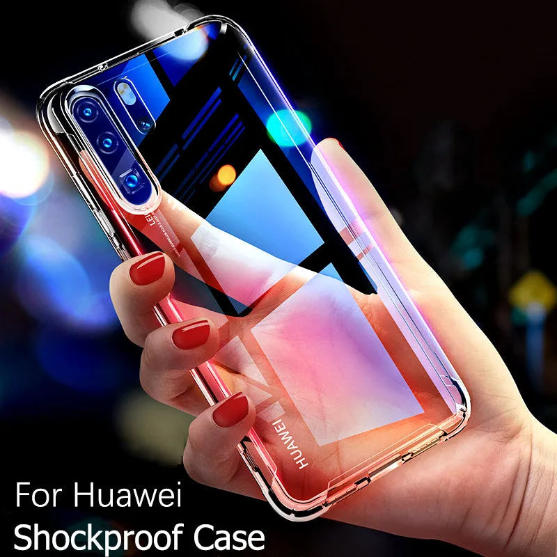 Transparent airbag drop-resistant phone case on Huawei smartphone showing clear protective coverage