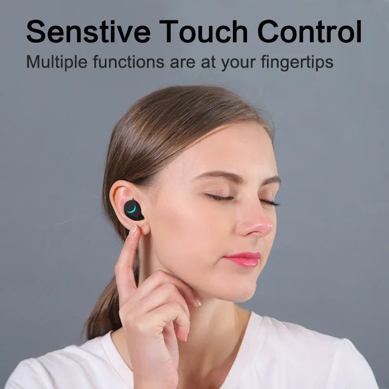 Black true wireless stereo Bluetooth earbuds with charging case showing 15m range
