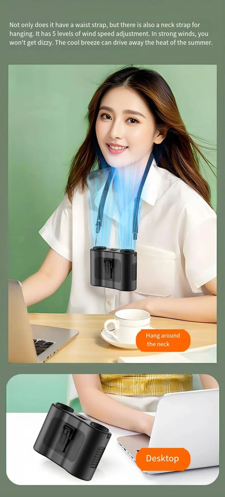 Grey 2025 model waist-hung portable fan with a lanyard, shown for outdoor and construction site use.