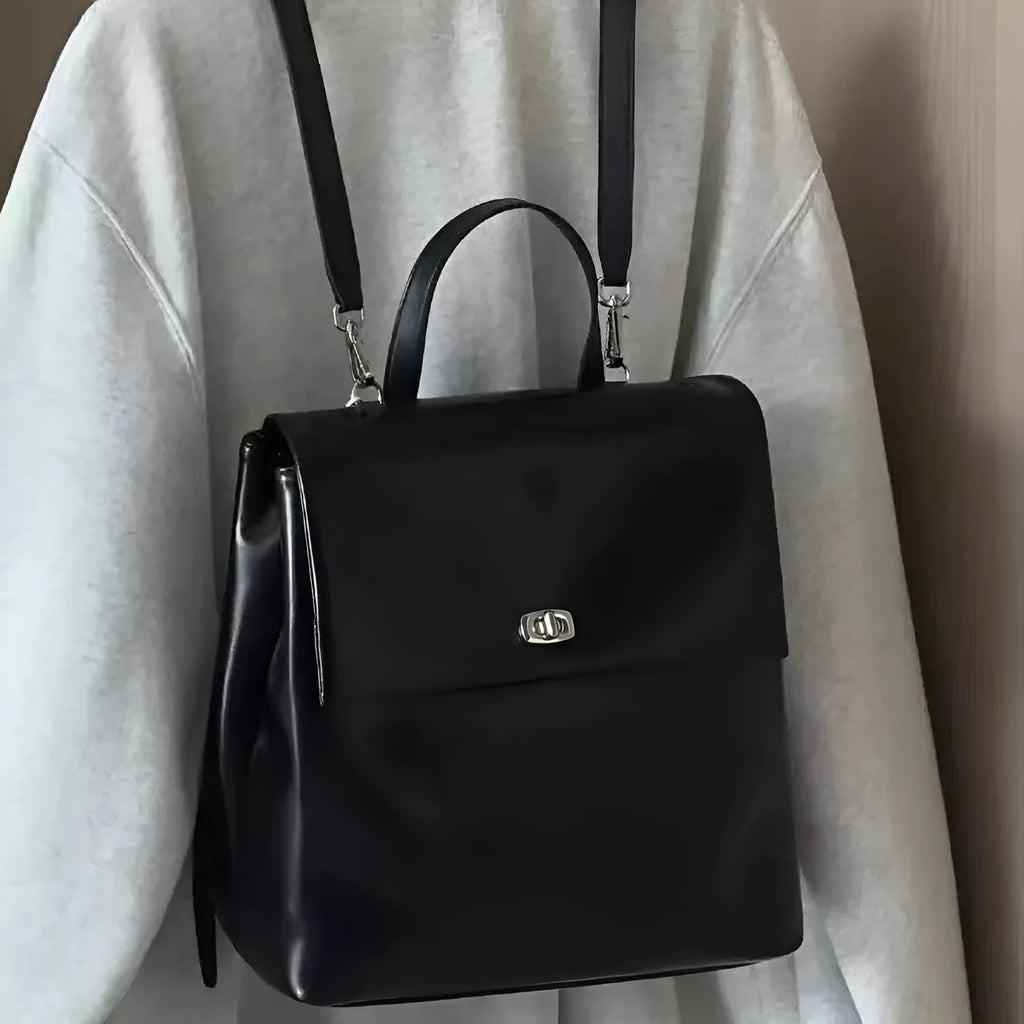 Korean style retro oil wax leather backpack in black, PU leather, 31x30x15cm, street trend everyday bag