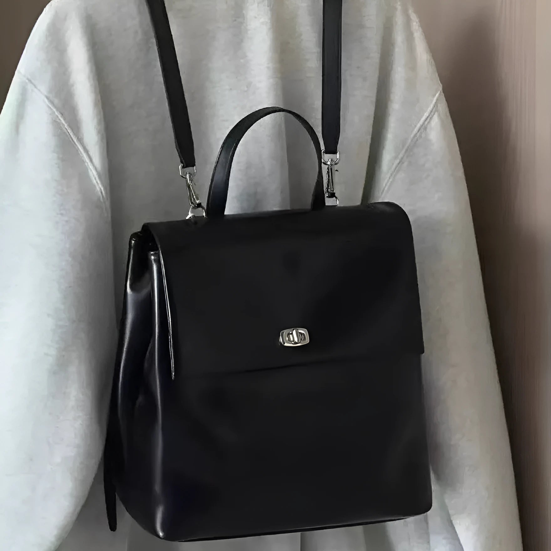 Korean style retro oil wax leather backpack in black, PU leather, 31x30x15cm, street trend everyday bag