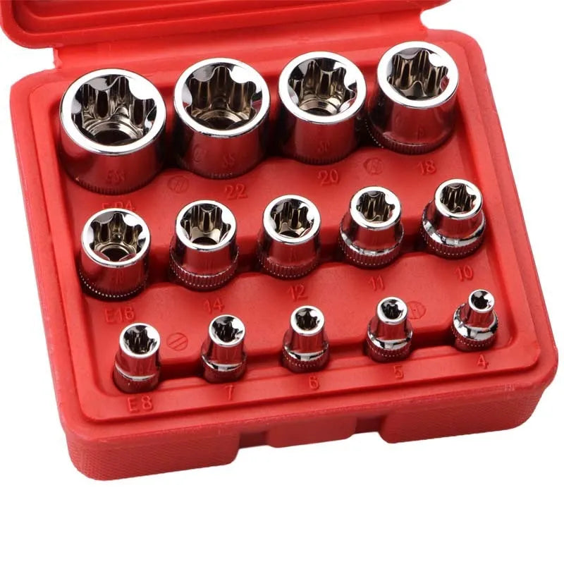 Red box containing a 14-piece chrome vanadium steel E-type socket tool set for auto and mechanical repair.