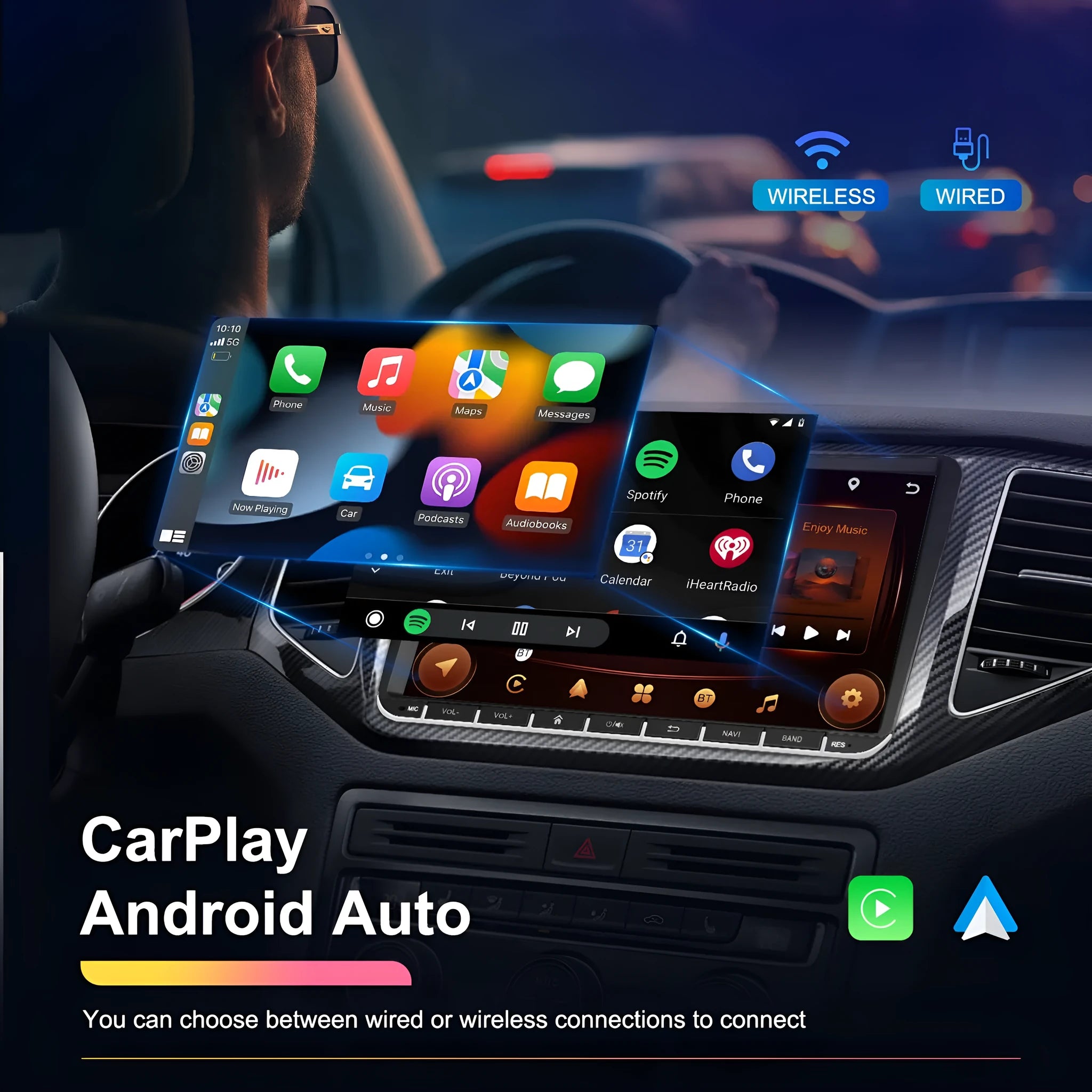 7-inch touchscreen Android car stereo for Volkswagen with wireless CarPlay displayed.