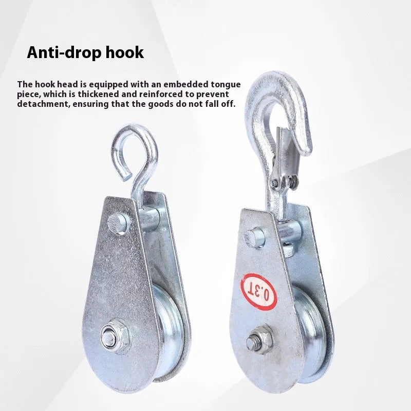 Red industrial lifting pulley with a safety latch on the forged steel hook.