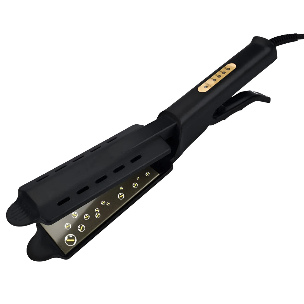Black four-speed thermostat hair straightener with tourmaline ceramic plates, LCD control, and anti-scald groove design