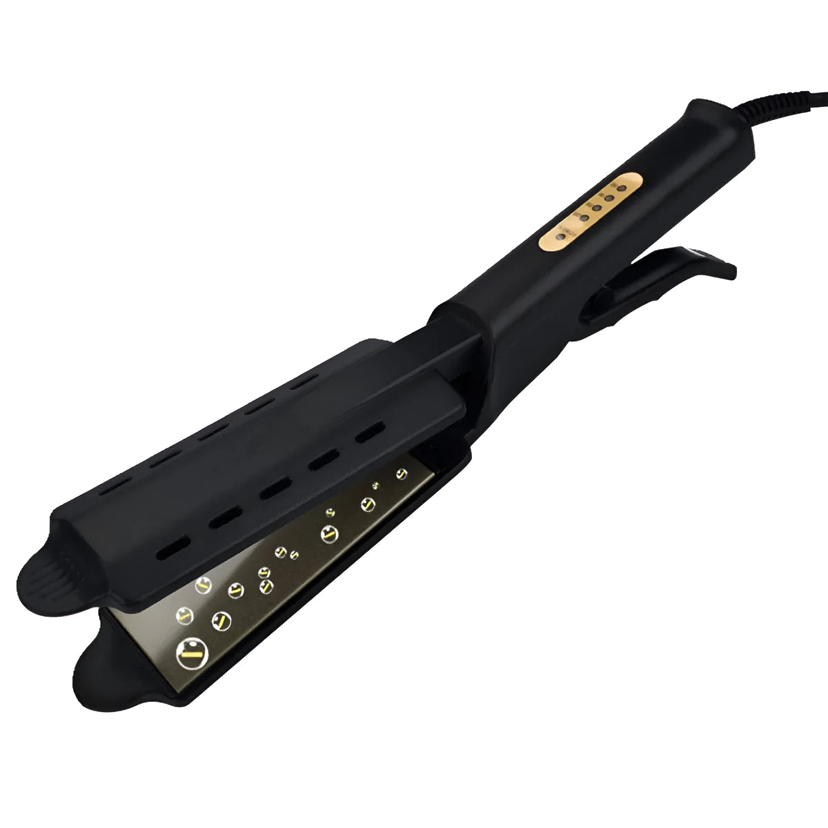 Black four-speed thermostat hair straightener with tourmaline ceramic plates, LCD control, and anti-scald groove design