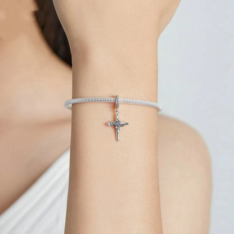 Rose cross pendant S925 silver vintage faith bead 1.3g 2.7x1.3cm electroplated