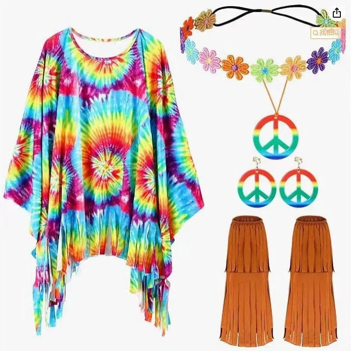 Adult model wearing a vibrant tie dye printed cloak costume with bell sleeves, showcasing the pink colour option.