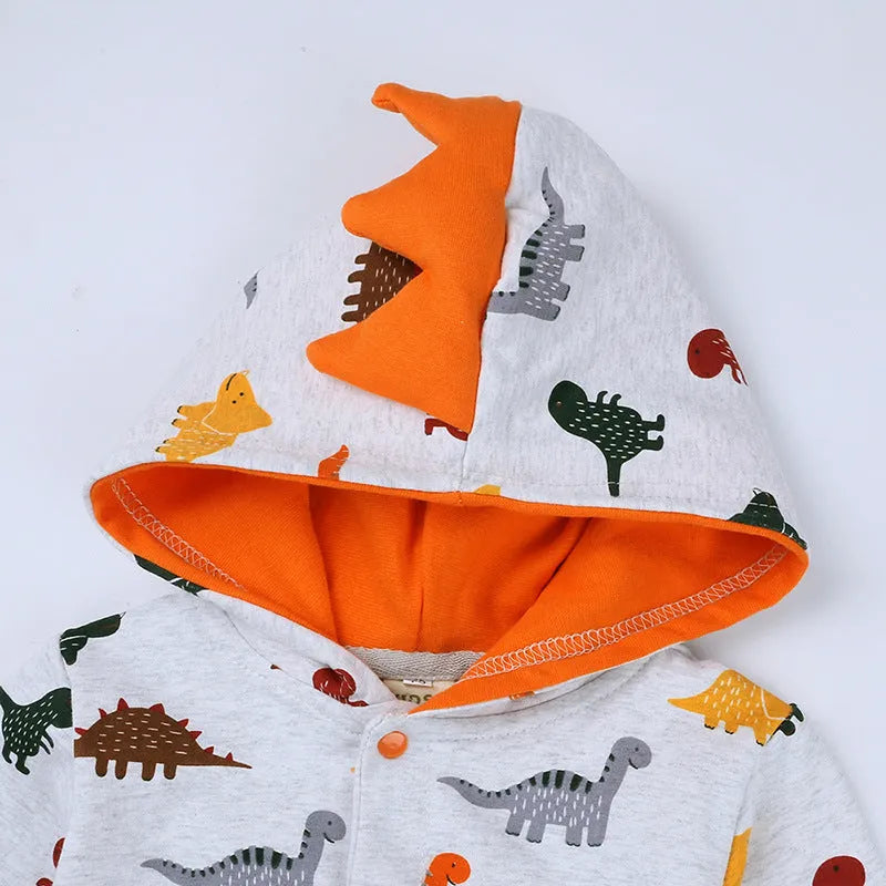 Dinosaur baby bodysuit long sleeve hooded cotton romper in grey, blue, or pink, sizes 66-90 yards
