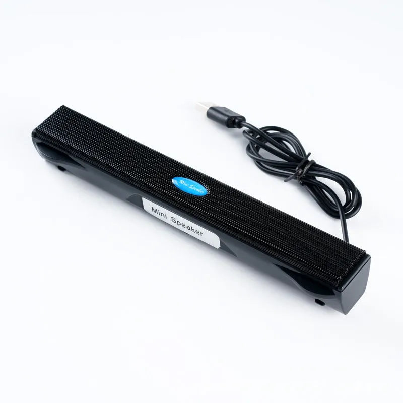 USB laptop desktop computer mini speaker with plastic enclosure, button controls, black colour, 20cm length