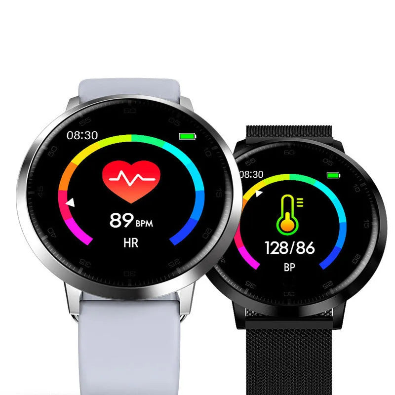 Black ultra-thin smart health bracelet with a 1.3-inch screen and silicone strap on a wrist.